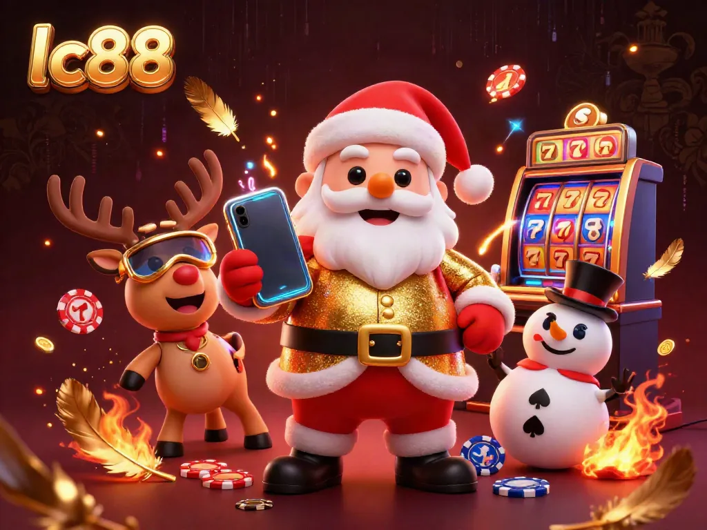 Play slots and win big with lc88 in a vibrant casino scene featuring Santa and friends.