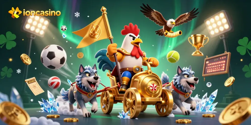 Bet big with ioncasino: 3D sports-themed illustration featuring a rooster warlord and casino excitement.
