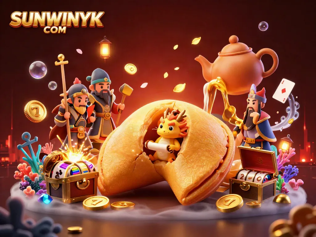 Engage with SUNWINYK COM’s vibrant casino scene showcasing golden fortune cookie and dragon.