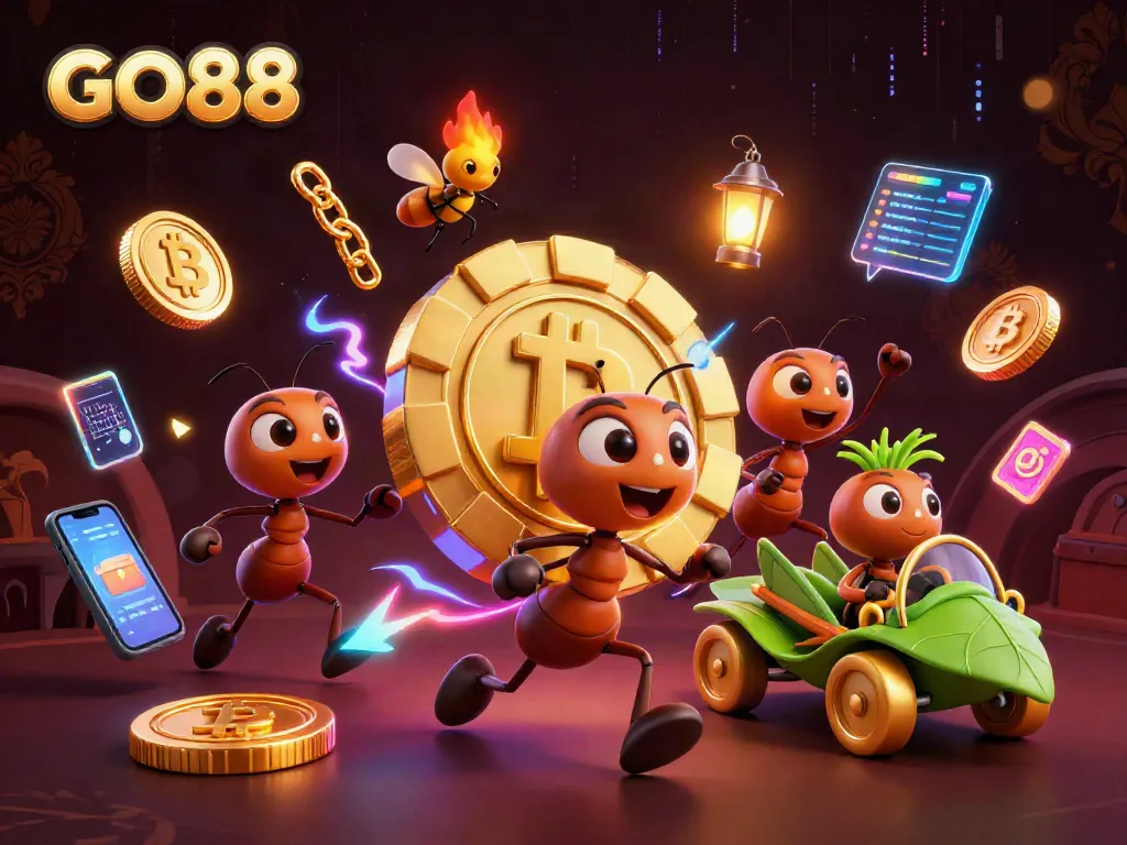 Engage with GO88's action-packed gaming experience featuring energetic ants and crypto-themed elements.