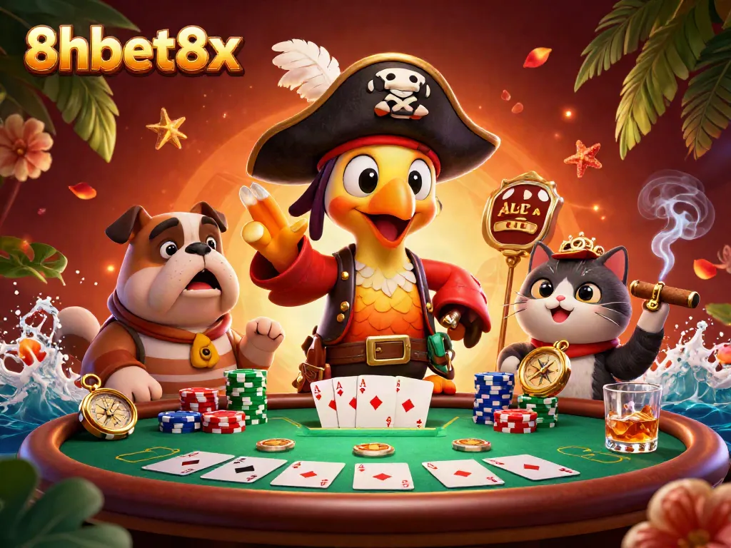 Experience thrilling action at 8xbet8x casino with poker chips, cards, and vibrant characters.