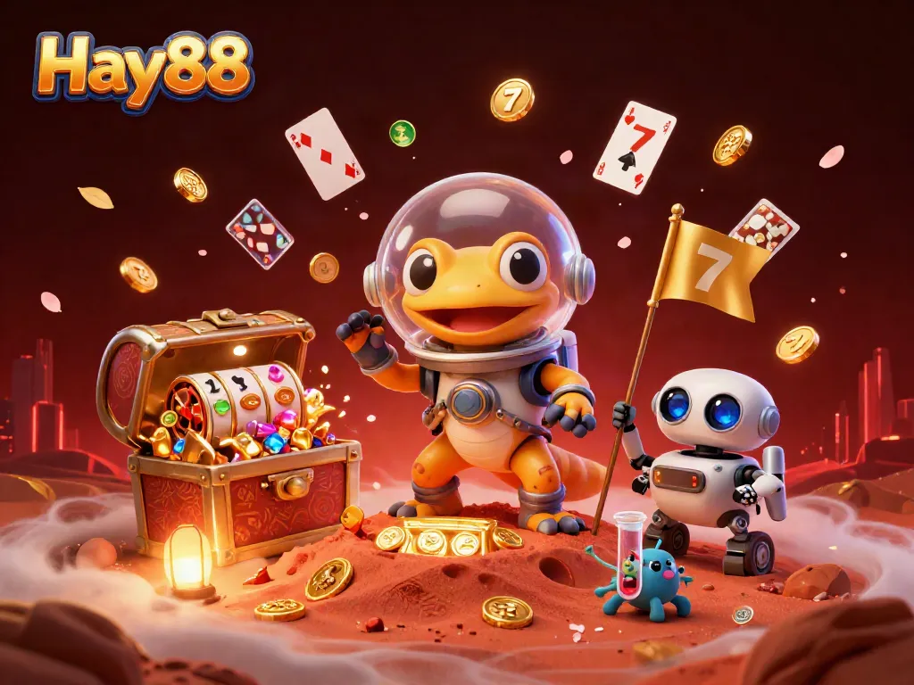 Play slots at Hay88 with a Martian gecko discovering a hidden casino in vibrant 3D art.
