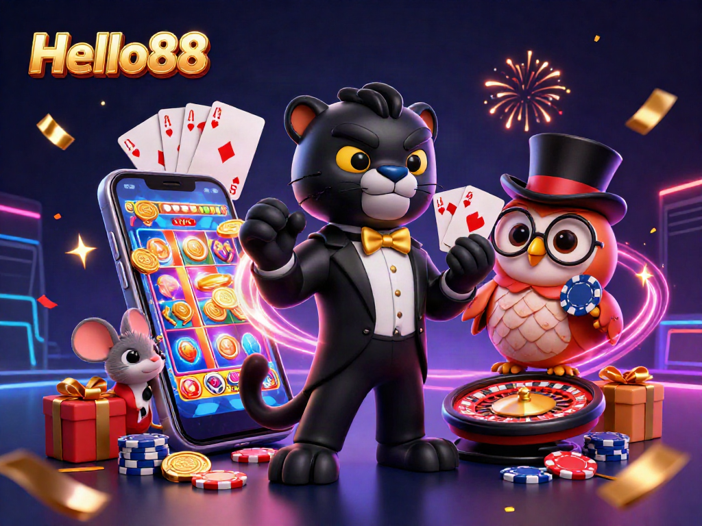 Engage with Hello88's thrilling casino experience featuring a stylish panther, owl, and lucky mouse.