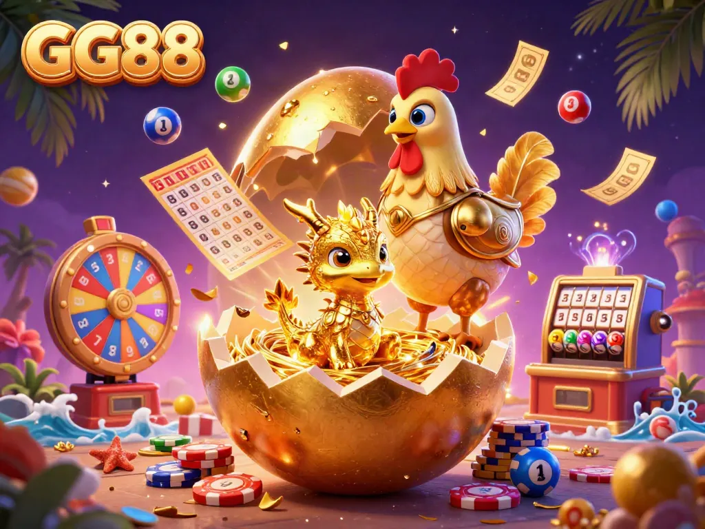 Experience festive gaming with GG88's vibrant casino scene showcasing gold treasures, dynamic lottery elements, and exciting characters.