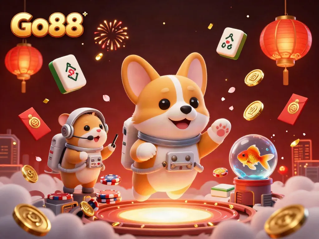 Experience the exhilarating Go88 casino atmosphere with a vibrant scene featuring a floating astronaut corgi and a mission-control hamster.