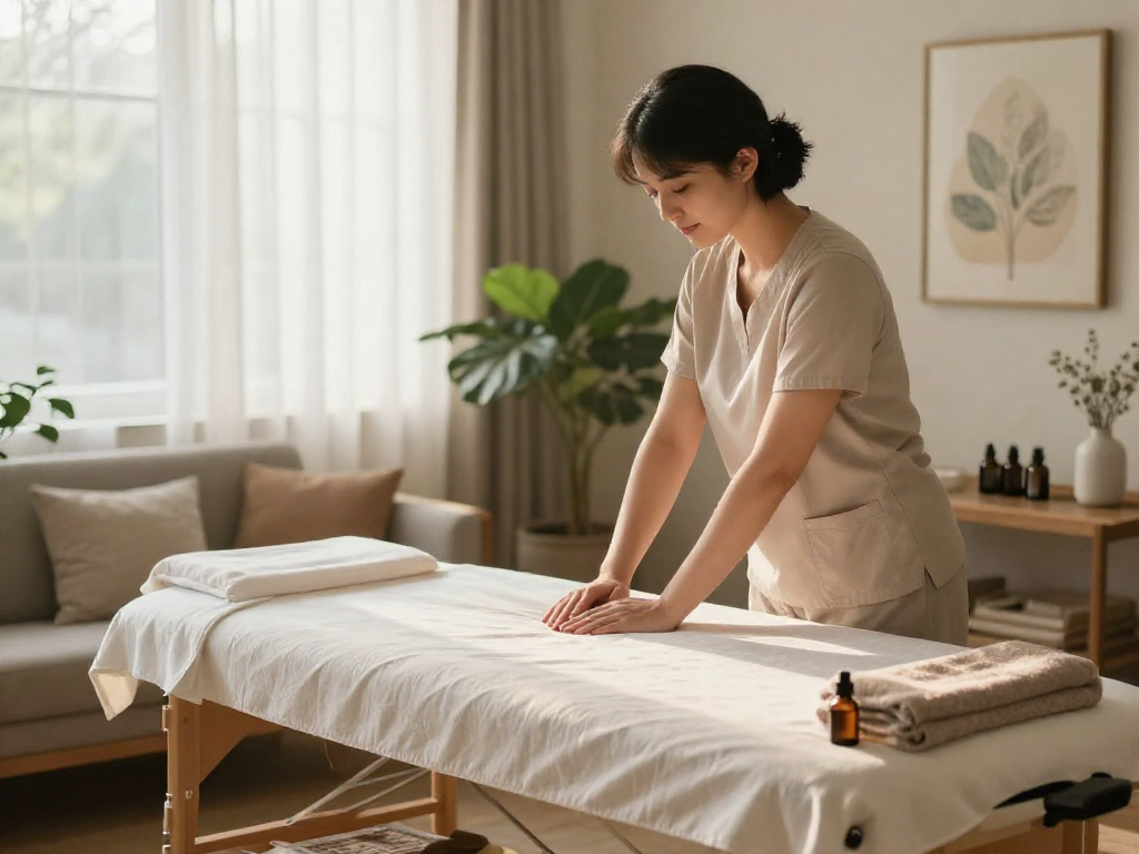 양천구출장마사지 in a peaceful home setting with a professional therapist preparing for a soothing massage.