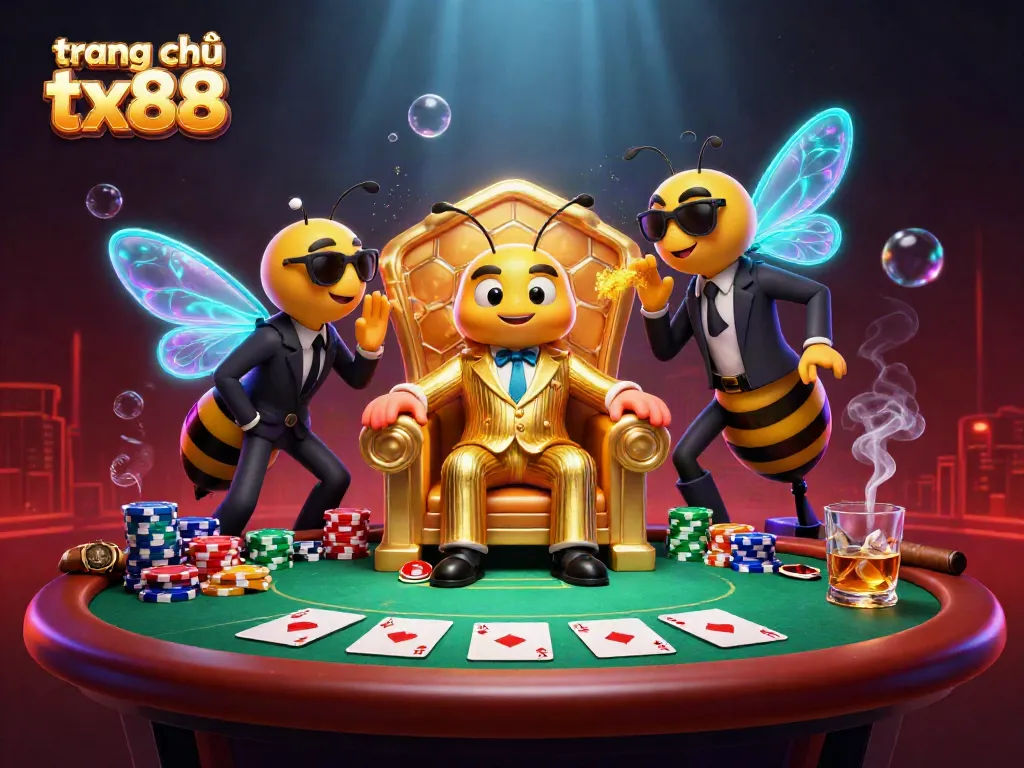 Experience vibrant gameplay at trang chủ tx88, featuring a cartoon mob boss overseeing thrilling poker action.