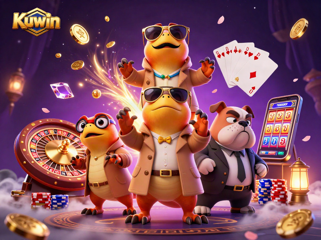 Kuwin showcases raptors in a trench coat entering a VIP casino lounge amidst cascading coins and gems.