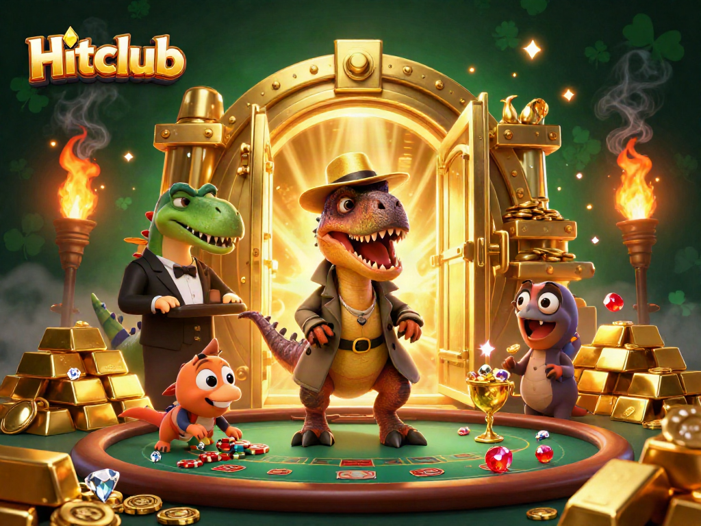 Engage in thrilling gaming at Hitclub surrounded by vibrant 3D characters and dynamic casino elements.