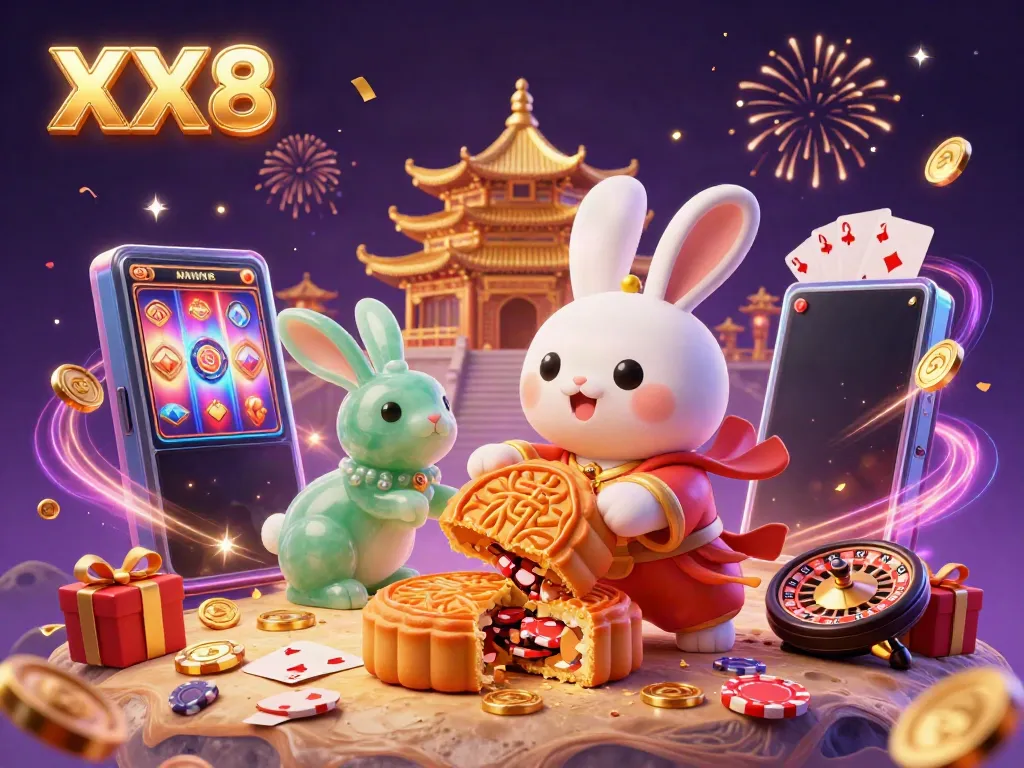 Launch into excitement with XX8 themed lunar casino adventure featuring vibrant poker chips and online slot games.