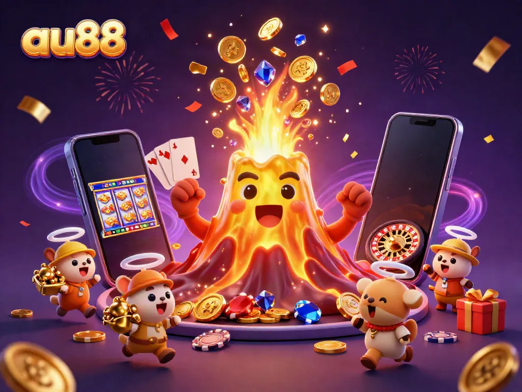 Experience excitement at au88 with a vibrant 3D illustration of a golden volcano bursting with treasure.