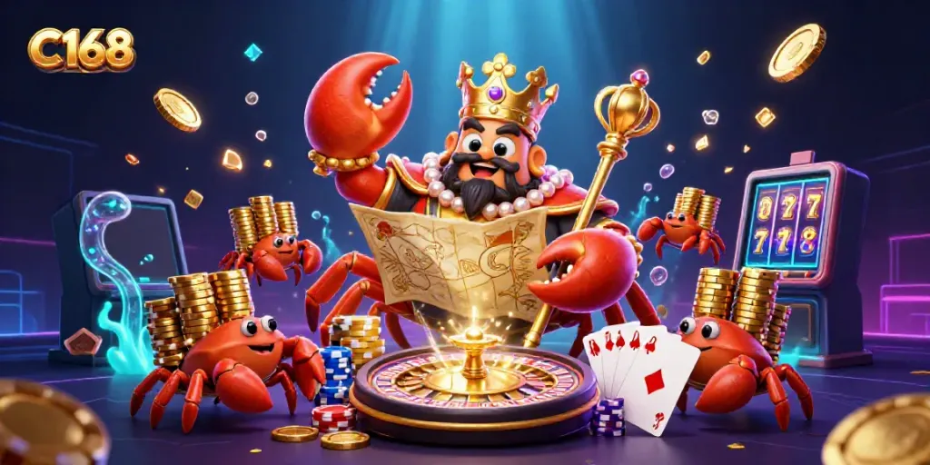 Experience the thrill of C168 with a vibrant 3D casino scene featuring a golden crab emperor and sparkling game elements.