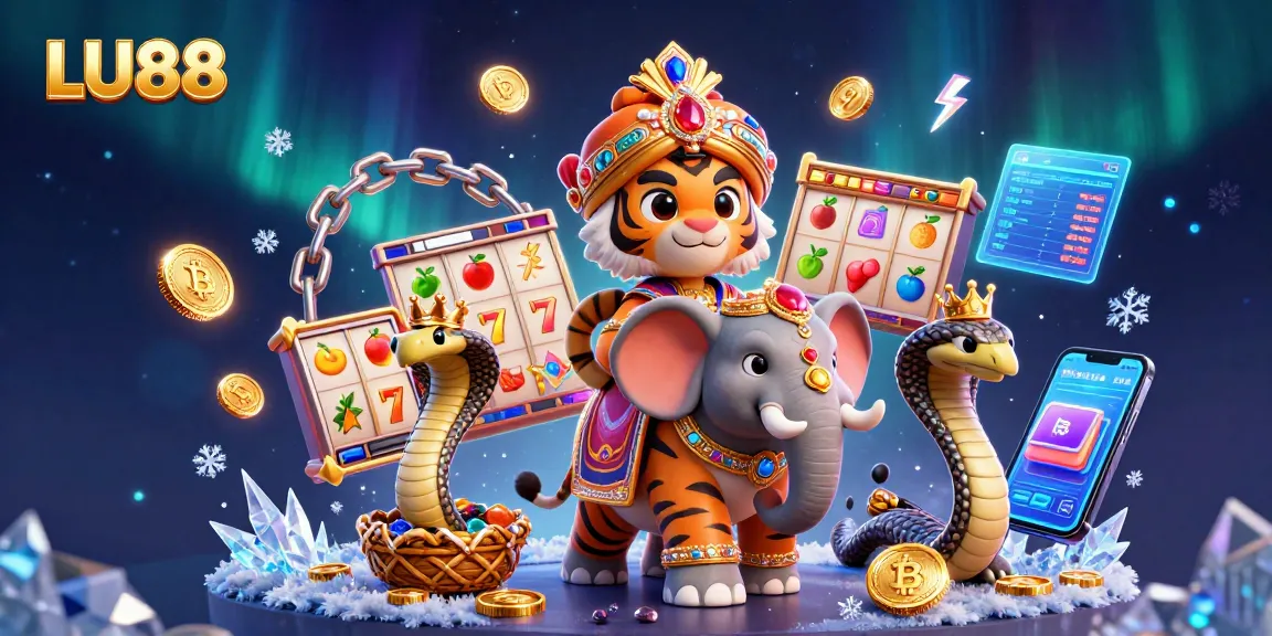 Engage in thrilling gaming adventures with LU88 featuring a vibrant scene of digital slot games and crypto elements.