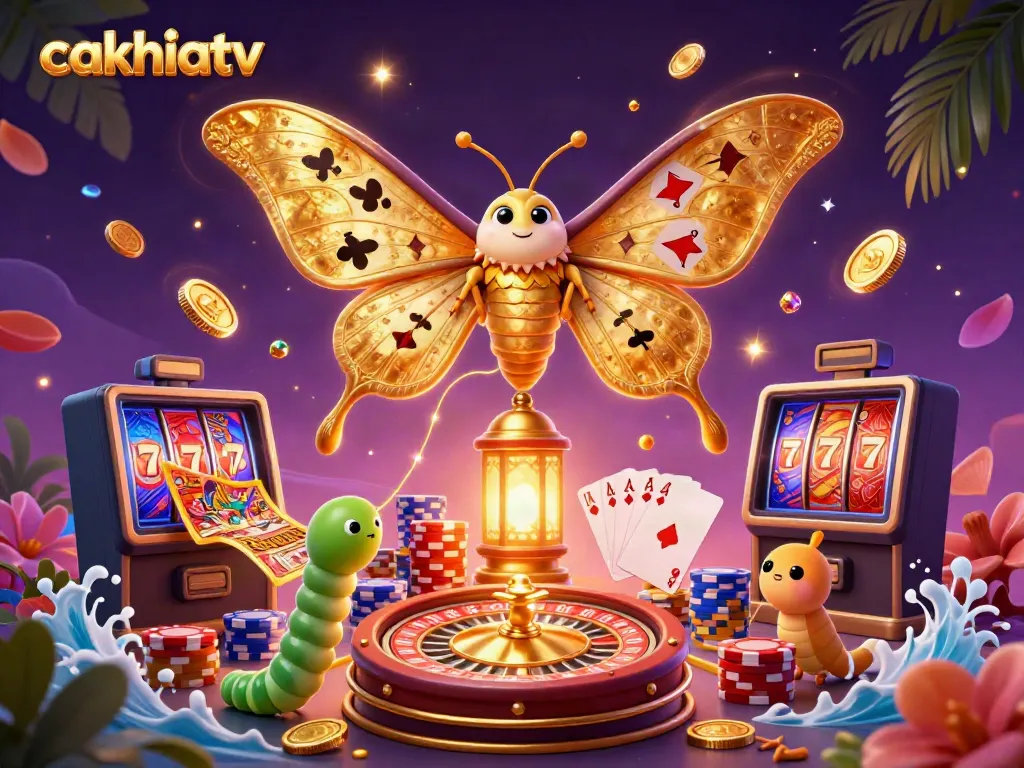 Cakhiatv showcases animated casino themes with a golden butterfly among coins and cards.
