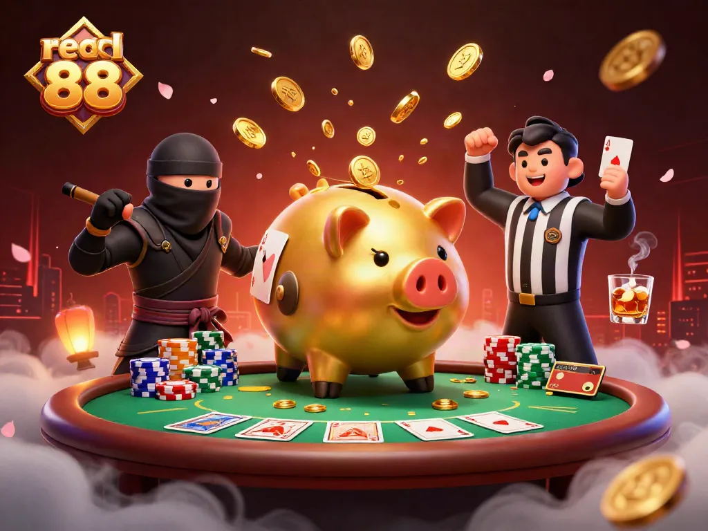 Witness action at red 88 as a golden piggy bank sumo wrestler shakes loose golden coins.