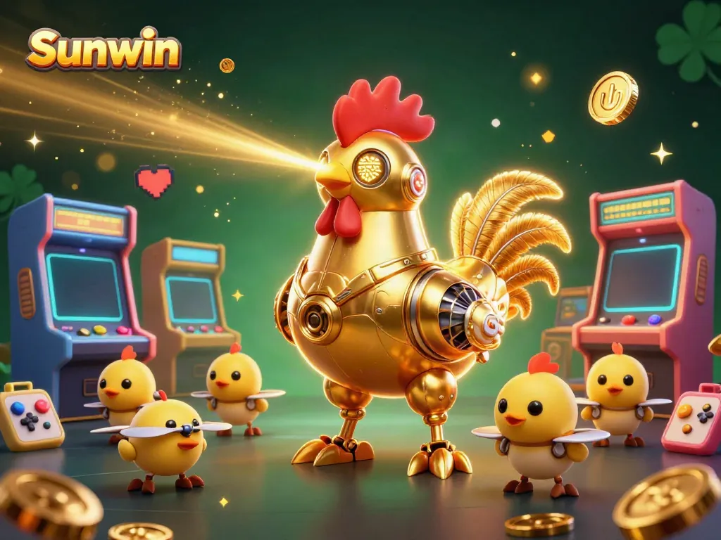 Experience the excitement of Sunwin with a dynamic scene featuring a golden rooster robot and vibrant gaming elements.