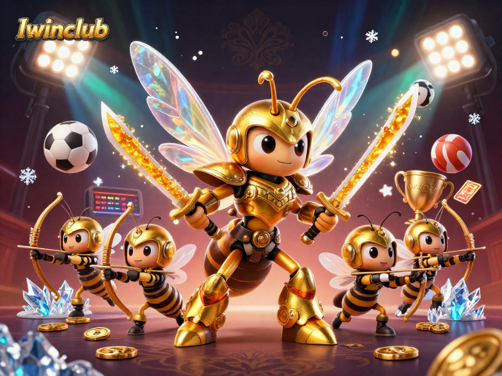 Iwinclub showcases a winning scene of a golden hornet samurai and bee archers in dynamic sports-themed action.