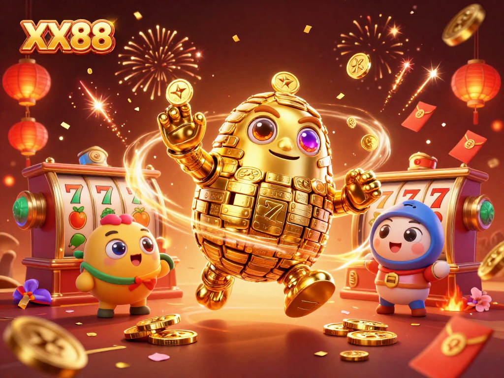 Experience thrilling slots at XX88 with a dynamic illustration of a golden golem and celebratory elements.