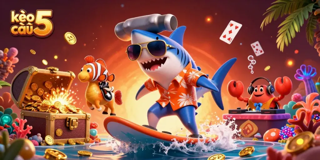 Experience dynamic betting thrills with kèo nhà cái 5 as a shark surfs on gold coins.