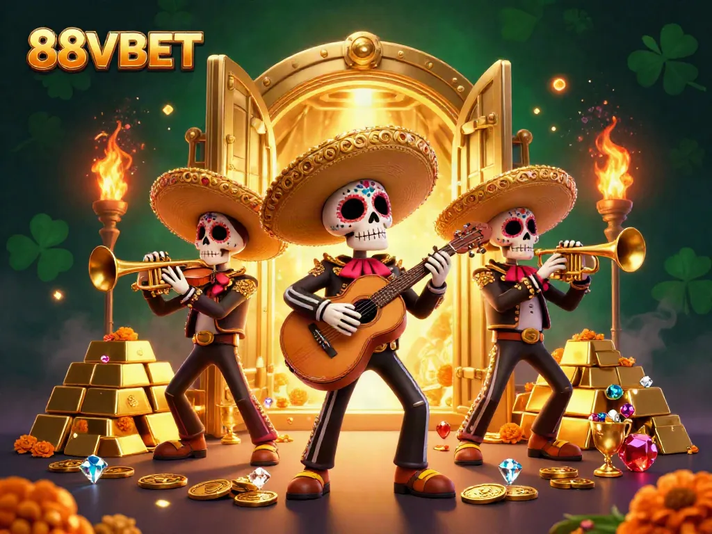 Experience vibrant 88VBET action with a colorful Day of the Dead mariachi band surrounded by treasures.