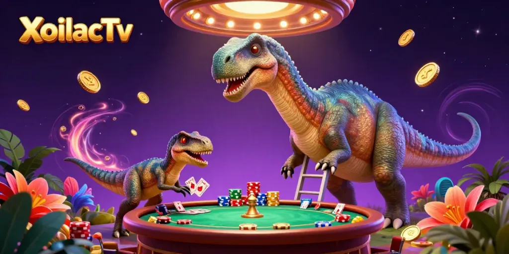 XoilacTv brings exciting casino thrills with a giant brontosaurus overseeing a poker game, creating an energetic atmosphere.