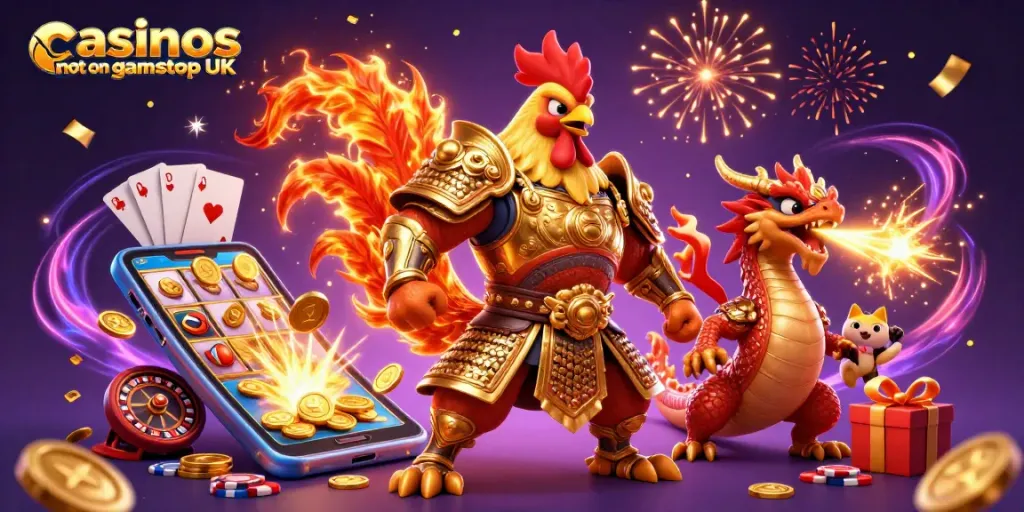 Engage with casinos not on gamstop UK featuring dynamic 3D illustration of cartoon warriors and casino elements.
