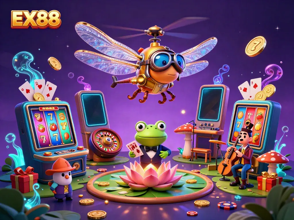 Spin the reels with EX88 at a vibrant lily pad casino featuring a dragonfly pilot and frog dealer.