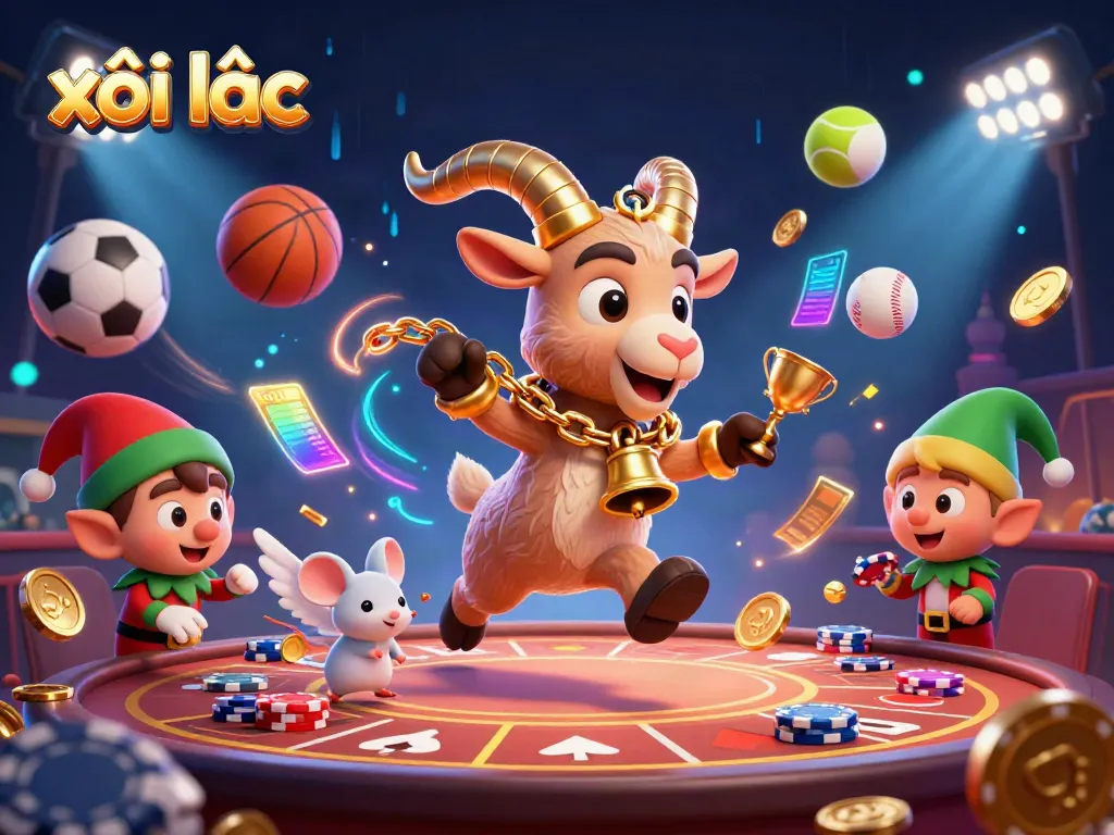 Engage with xôi lạc casino excitement featuring Krampus, mouse, and gremlins amidst a vibrant gaming scene.