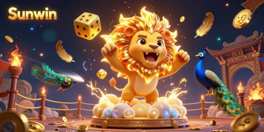 Sunwin showcases a vibrant 3D casino scene featuring a roaring lion and golden dice, symbolizing winning strategies.