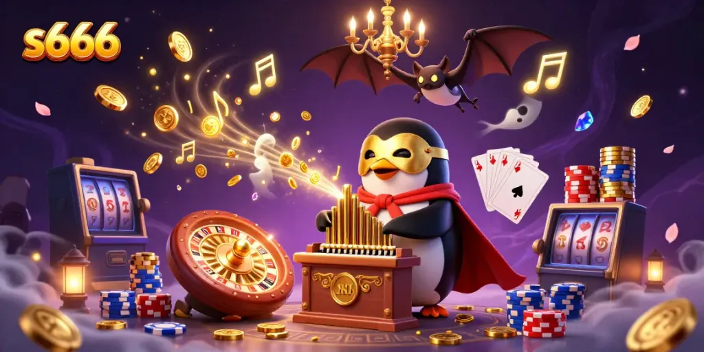 Experience vibrant gaming with s666, as golden coins and cards fly in this dynamic casino scene.