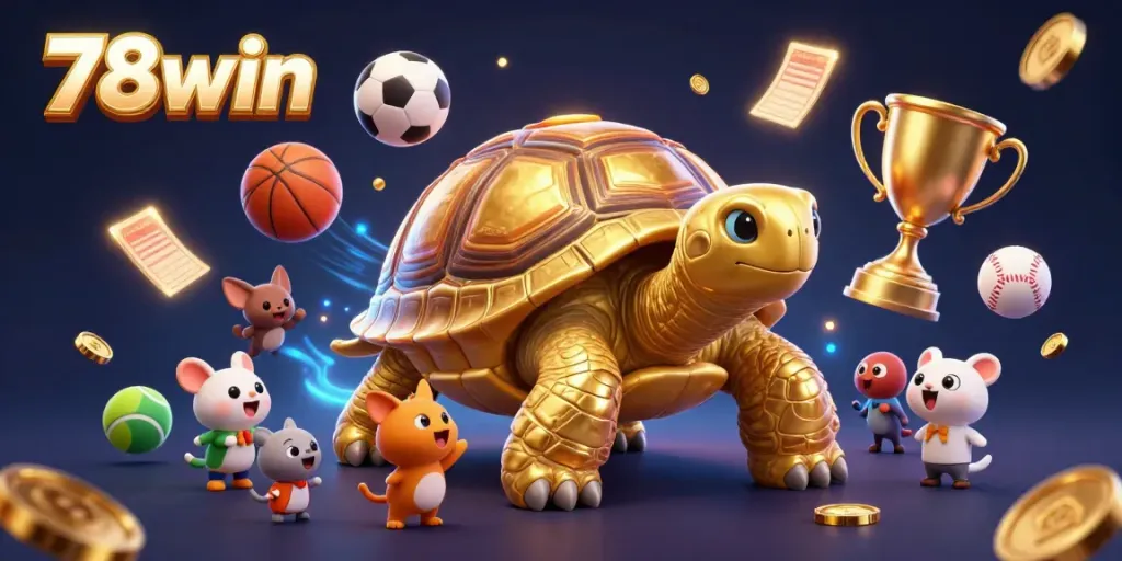 Experience the excitement of 78win with animated characters enjoying the golden tortoise pinball casino.