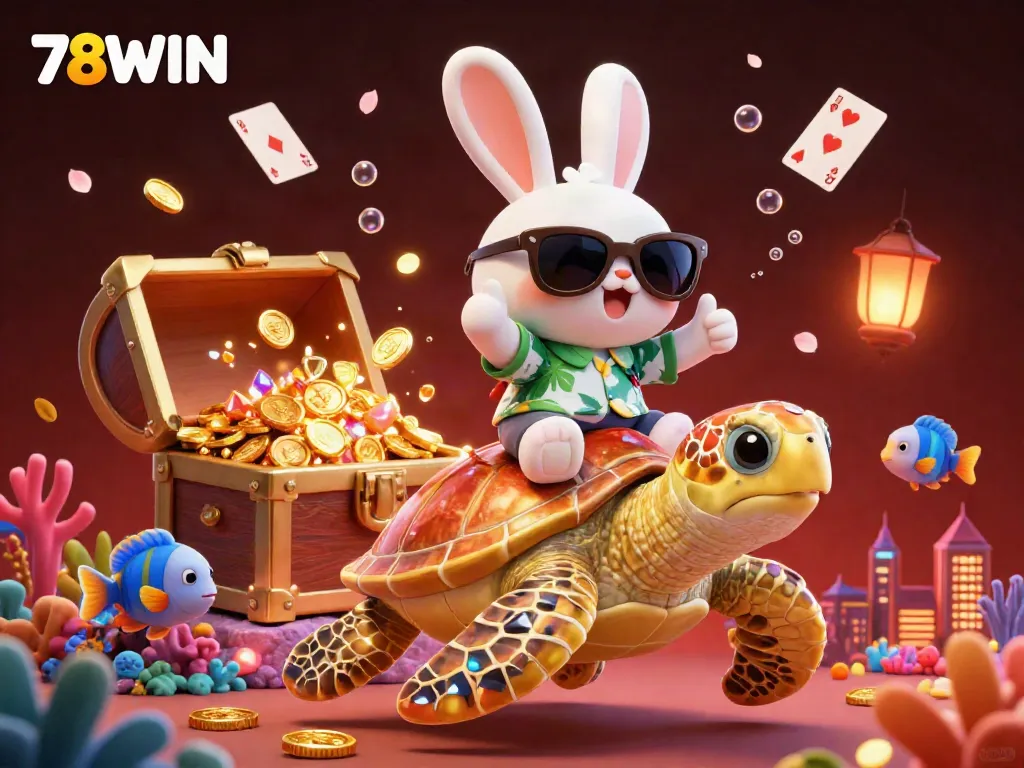 Experience thrilling gameplay with 78WIN's lively rabbit and sea turtle characters amidst a vibrant underwater casino.