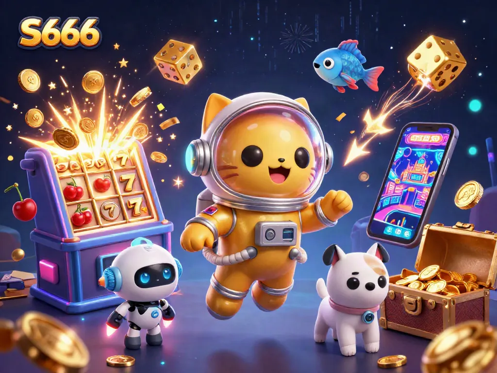 S666 offers an exciting scene of a cat astronaut, robot dog, and alien creatures amid dazzling casino elements.