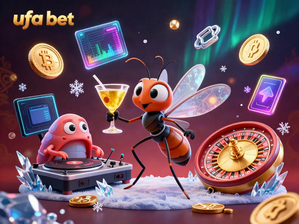 Engage with ufa bet through a vibrant 3D illustration of a frozen mosquito casino mascot and trilobite DJ, featuring digital elements.