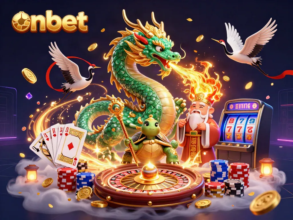 Experience excitement with onbet's vibrant 3D dragon and lucky symbols in a dynamic casino scene.