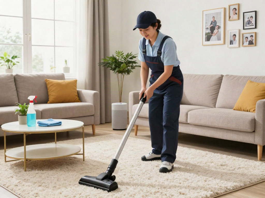Professional cleaner vacuuming a living room, showcasing slot 10k cleaning techniques for a spotless home.