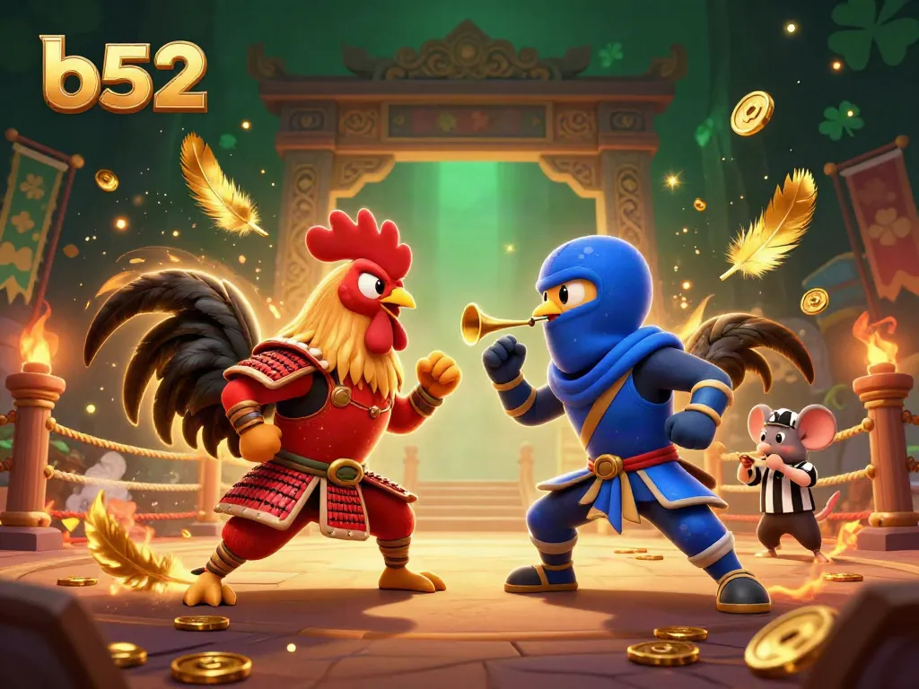 Engage with the dynamic b52 fighting roosters battle in a vibrant casino-themed arena.