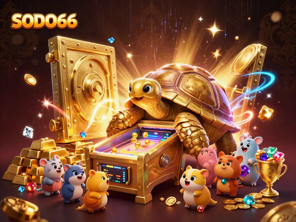 Experience thrilling gameplay at SODO66 with a monumental golden tortoise showcasing exciting slots.