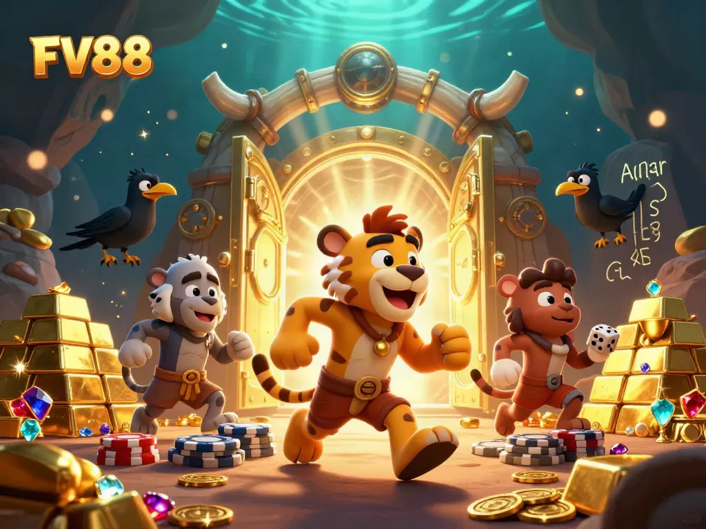 Experience thrilling gaming at FV88 with a dynamic scene of caveman characters in a prehistoric casino.