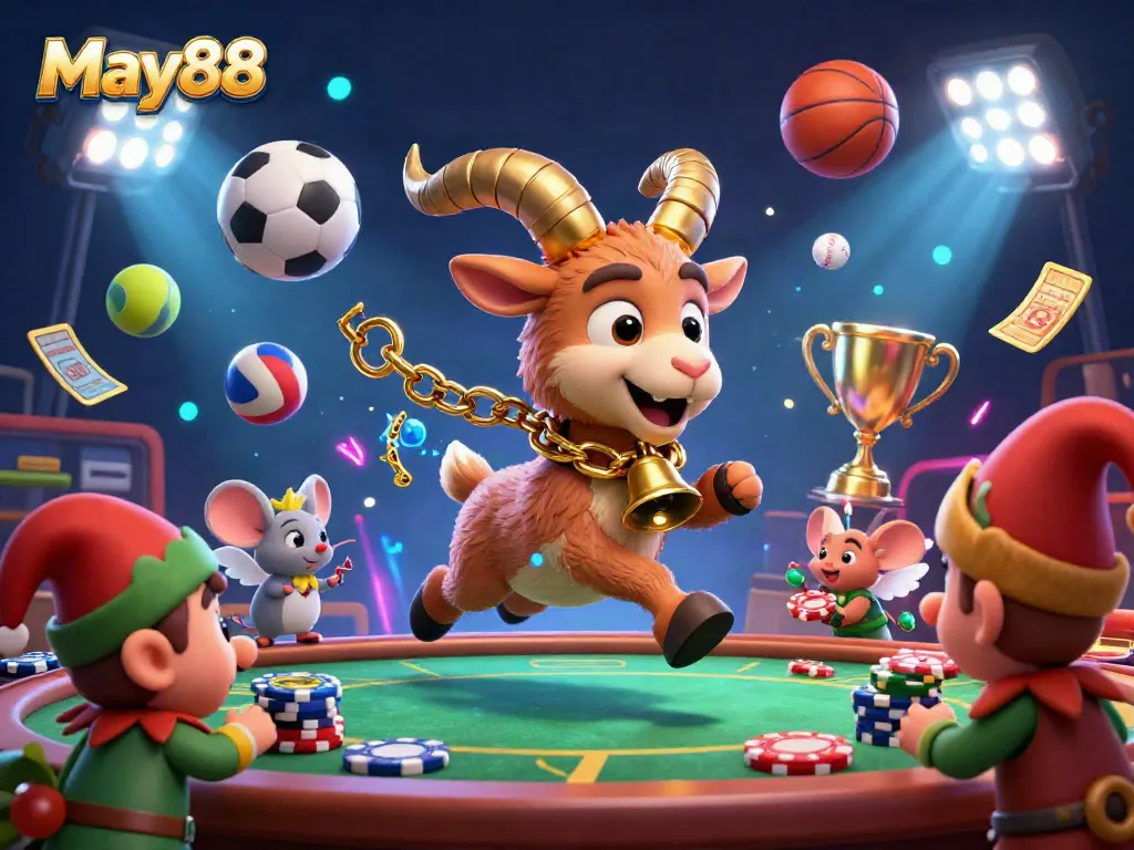 Experience the thrill of May88 casino with a lively illustration showcasing festive characters amidst dynamic gaming elements.
