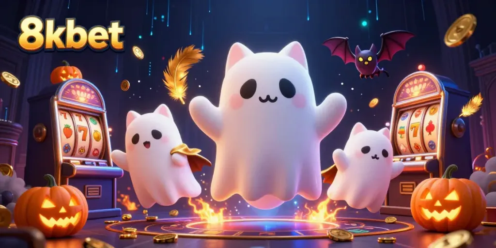 Experience thrilling wins at 8xbet with a ghost cat and vampire bat in a haunted casino scene.