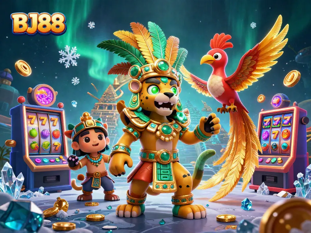 Engage with thrilling slots at BJ88 featuring a Mayan jaguar priest and golden quetzal bird.