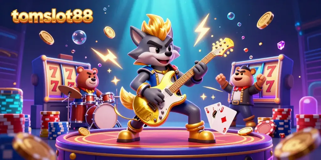Experience thrilling jackpots at tomslot88 with a vibrant 3D casino scene featuring a rock star wolf and golden symbols.