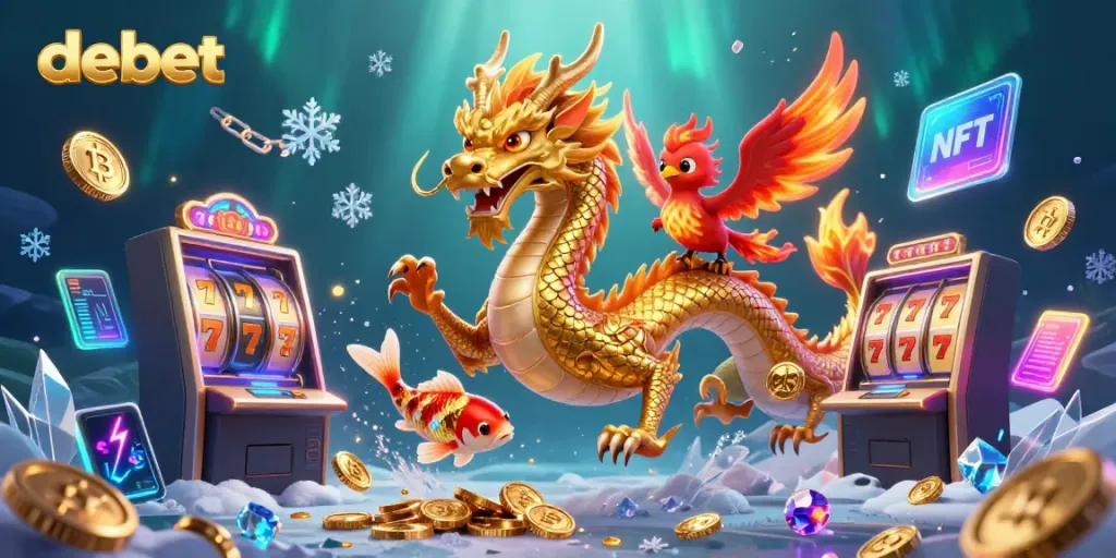 Engage with debet's thrilling slots featuring a golden dragon, phoenix, and koi fish amidst a flourishing casino backdrop.