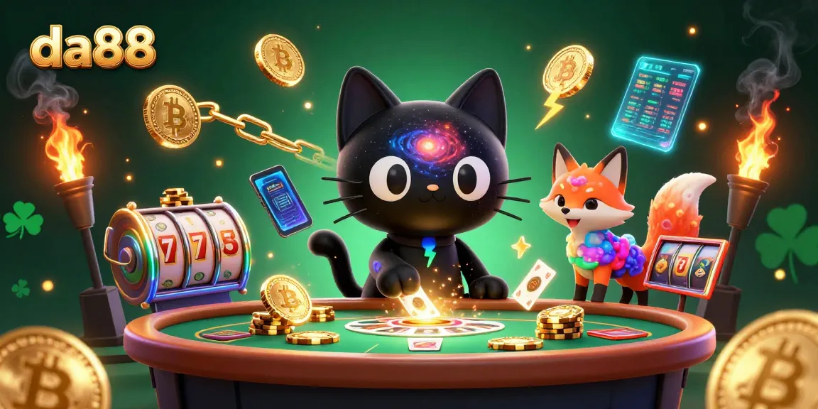 Experience the vibrant da88 cosmic casino with a captivating black hole cat and nebula fox.