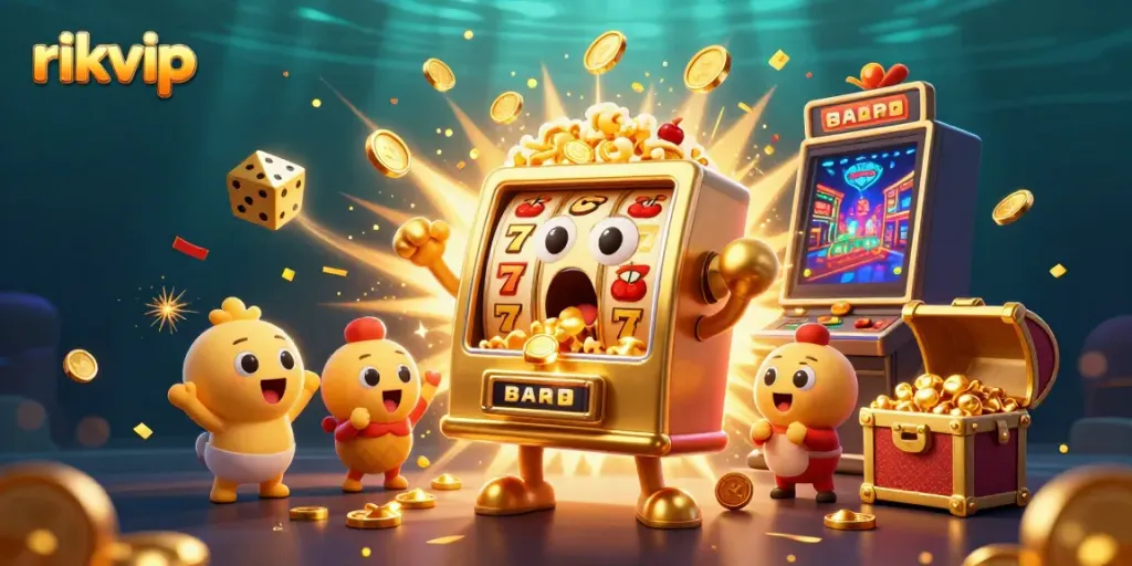 Experience the excitement of rikvip with a golden slot machine hitting a jackpot amidst a dynamic casino scene.