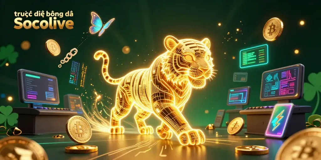 Experience trực tiếp bóng đá Socolive with a vivid 3D casino scene showcasing a glowing tiger and crypto elements
