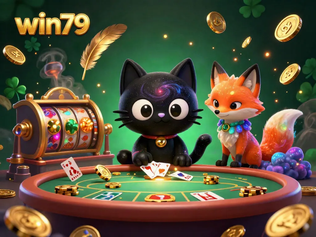 Engage in slot gameplay with win79 at a cosmic casino illustrated by a black hole cat and nebula fox.