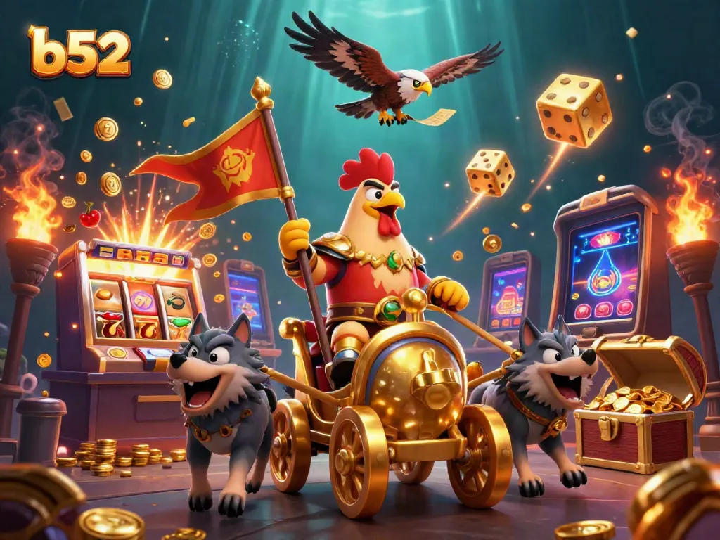 Experience the thrilling b52 gaming adventure with our cartoon rooster warlord and slot machine jackpot explosion.