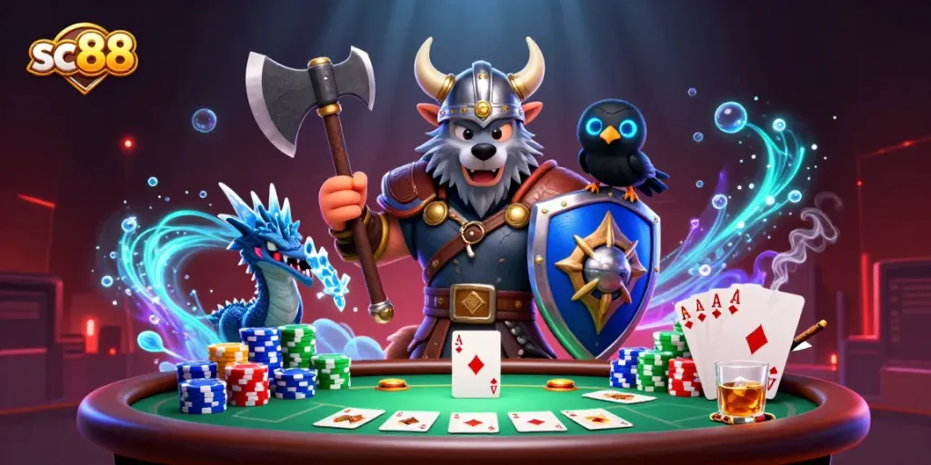 Experience thrilling poker action in this sc88 inspired fantasy casino scene with a Viking wolf and dragon.